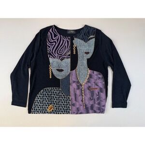 Artistic Graphic Portrait Top Polyester Shimmer Abstract Faces OS Ki Meng